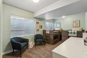 Carpeted office space featuring a textured ceiling