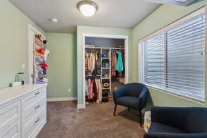 Bedroom featuring light carpet, a textured ceiling, and a closet