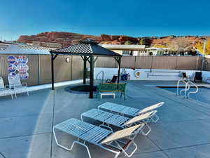 View of patio / terrace featuring a gazebo and a mountain view