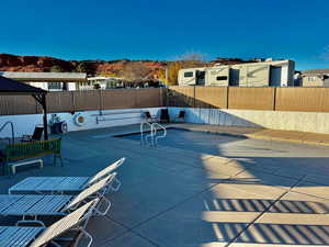 View of patio / terrace featuring a mountain view