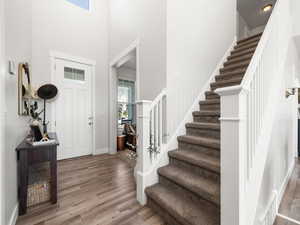 Entrance foyer with a towering ceiling and wood-type flooring