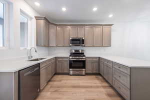 Kitchen with appliances with stainless steel finishes, sink, gray cabinetry, kitchen peninsula, and light hardwood / wood-style flooring