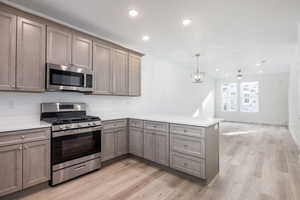 Kitchen featuring pendant lighting, gray cabinets, appliances with stainless steel finishes, light hardwood / wood-style floors, and kitchen peninsula