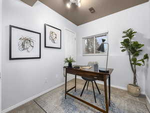 Bedroom in basement being used as an office off of the family room