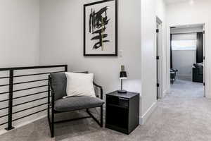 Sitting room with light colored carpet