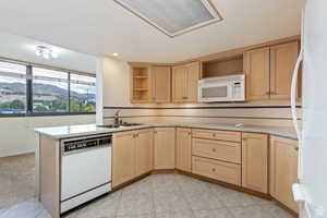 Kitchen featuring sink, light brown cabinets, a mountain view, white appliances, and decorative backsplash