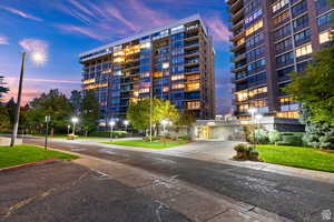 View of outdoor building at dusk