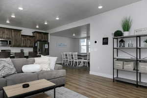 Living room with dark hardwood / wood-style flooring and a textured ceiling