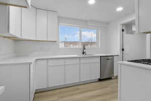 Kitchen featuring stainless steel dishwasher, light hardwood / wood-style floors, sink, and white cabinets