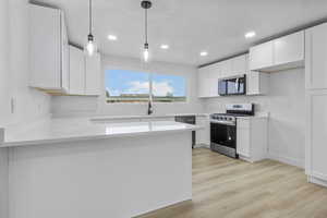 Kitchen with pendant lighting, sink, appliances with stainless steel finishes, white cabinets, and kitchen peninsula