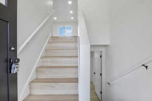 Stairs with hardwood / wood-style floors