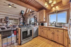 Kitchen featuring sink, vaulted ceiling with beams, light hardwood / wood-style flooring, a wood stove, and stainless steel appliances