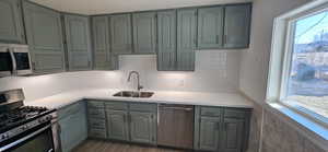 Kitchen with stainless steel appliances, plenty of natural light, sink, and backsplash