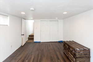 Basement with dark hardwood / wood-style floors