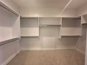 Walk in closet featuring light carpet