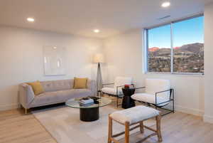 Living room featuring a mountain view and light wood-type flooring