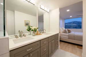 Bathroom featuring vanity and a mountain view