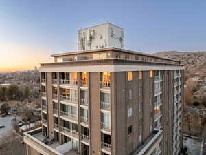 View of outdoor building at dusk