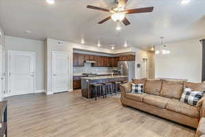 Living room with sink, ceiling fan with notable chandelier, and light hardwood / wood-style flooring