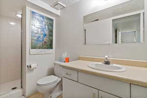 Bathroom with vanity, toilet, a textured ceiling, and a tile shower