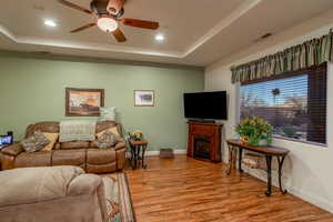 Living room featuring a raised ceiling, ceiling fan, and light hardwood / wood-style floors