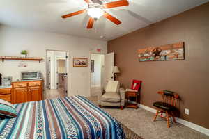 Carpeted bedroom with ceiling fan