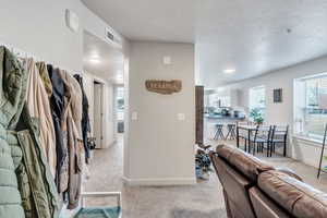 Interior space with light carpet and a textured ceiling