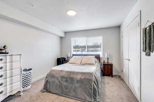 Carpeted bedroom with a closet and a textured ceiling