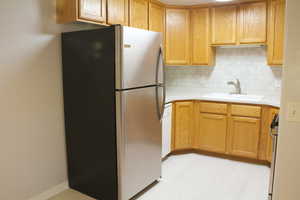 Kitchen with stainless steel appliances, light hardwood / wood-style floors, sink, and backsplash