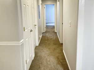 Corridor featuring light carpet