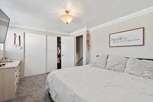 Bedroom featuring ornamental molding, carpet flooring, and a closet