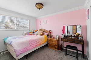 Carpeted bedroom featuring crown molding