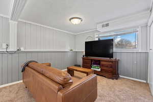 Living room featuring light carpet