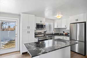 Kitchen with white cabinetry, sink, stainless steel appliances, and a kitchen island