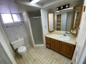 Bathroom with vanity, toilet, and a shower with door