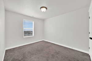 Spare room with dark colored carpet and a textured ceiling