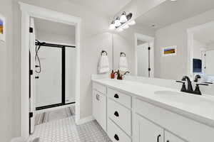 Bathroom featuring vanity and an enclosed shower