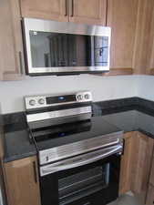 Kitchen featuring stainless steel appliances and dark stone counters