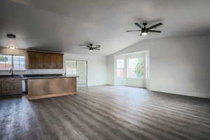 Kitchen with a healthy amount of sunlight, sink, dark hardwood / wood-style floors, and dishwasher