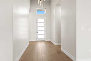 Entryway featuring a towering ceiling and light wood-type flooring