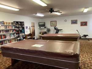 Recreation room featuring ceiling fan and pool table