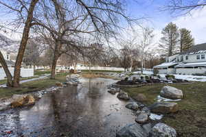 Walking paths and small stream.