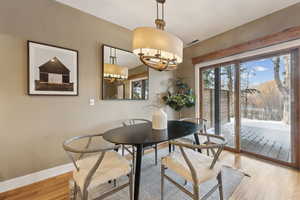 Dining space featuring an inviting chandelier and light wood-type flooring