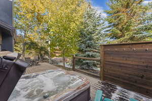 Wooden deck with an outdoor hot tub