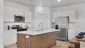 Kitchen featuring white cabinetry, sink, stainless steel appliances, and a center island with sink