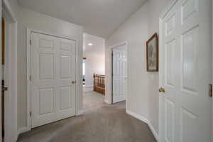 Hall with light colored carpet and lofted ceiling