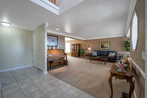 Carpeted living room featuring crown molding