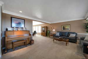 Living room with crown molding and carpet flooring