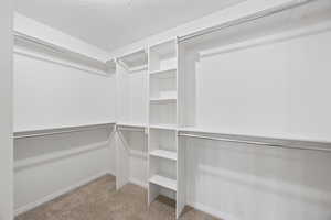 Walk in closet with light colored carpet