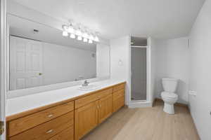 Bathroom featuring vanity, toilet, a textured ceiling, and a shower with shower door